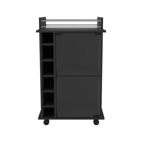 Bar Cart, Two Tier Cabinet With Glass Door, Six Wine Cubbies, Black Wengue Finish
