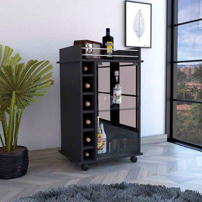 Bar Cart, Two Tier Cabinet With Glass Door, Six Wine Cubbies, Black Wengue Finish