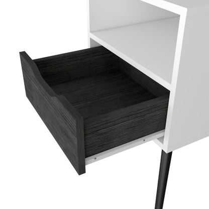 Smokey Oak White Nightstand with Drawer and Open Shelf, Modern Bedside Table