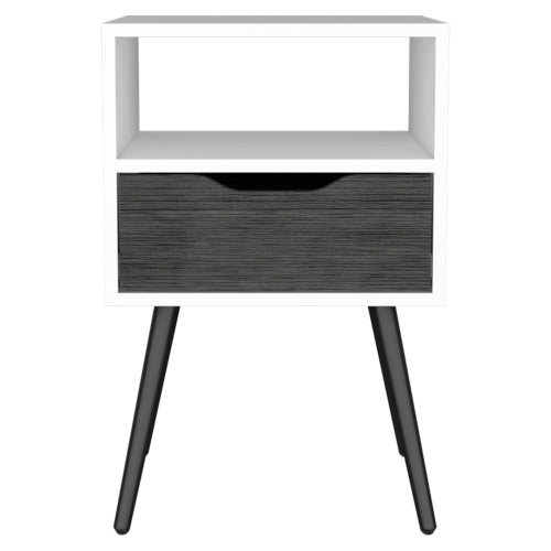Smokey Oak White Nightstand with Drawer and Open Shelf, Modern Bedside Table