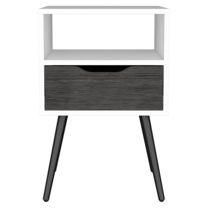 Smokey Oak White Nightstand with Drawer and Open Shelf, Modern Bedside Table
