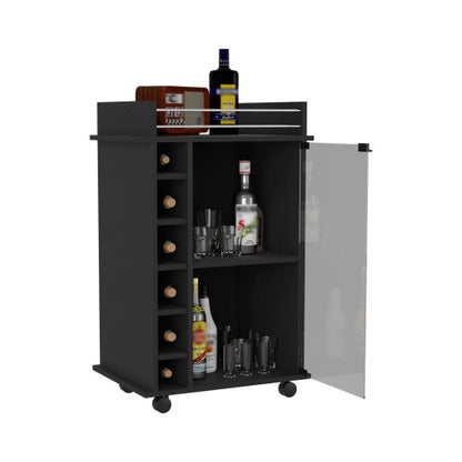 Bar Cart, Two Tier Cabinet With Glass Door, Six Wine Cubbies, Black Wengue Finish