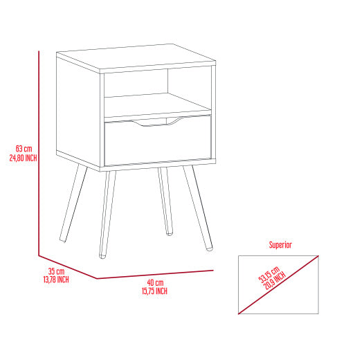 Smokey Oak White Nightstand with Drawer and Open Shelf, Modern Bedside Table