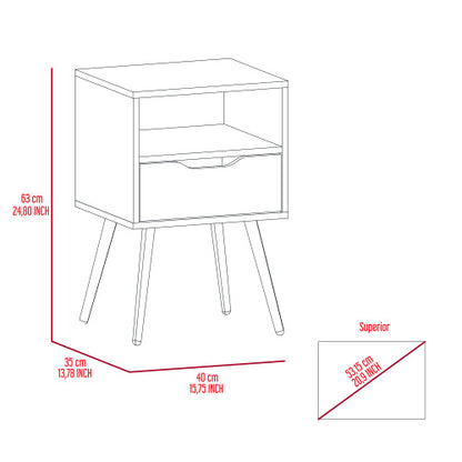 Smokey Oak White Nightstand with Drawer and Open Shelf, Modern Bedside Table