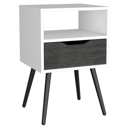 Smokey Oak White Nightstand with Drawer and Open Shelf, Modern Bedside Table
