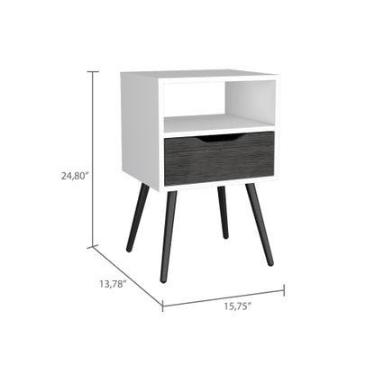 Smokey Oak White Nightstand with Drawer and Open Shelf, Modern Bedside Table