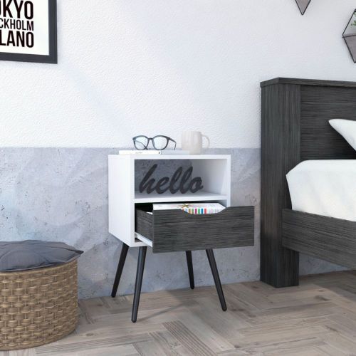 Smokey Oak White Nightstand with Drawer and Open Shelf, Modern Bedside Table