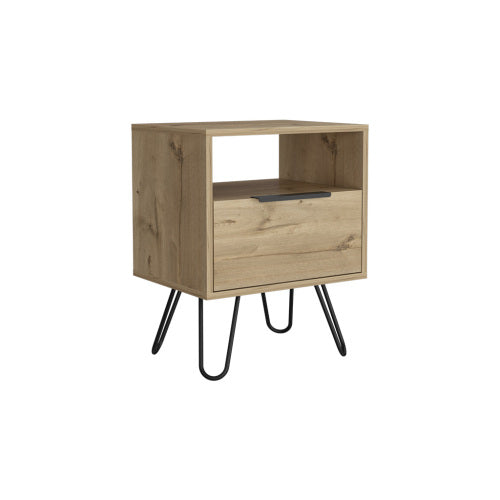 Nightstand, Single Drawer & Cabinet, Hairpin Legs, Light Oak Finish