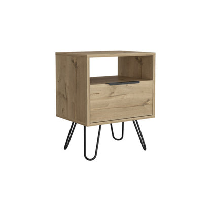 Nightstand, Single Drawer & Cabinet, Hairpin Legs, Light Oak Finish