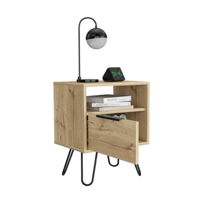 Nightstand, Single Drawer & Cabinet, Hairpin Legs, Light Oak Finish