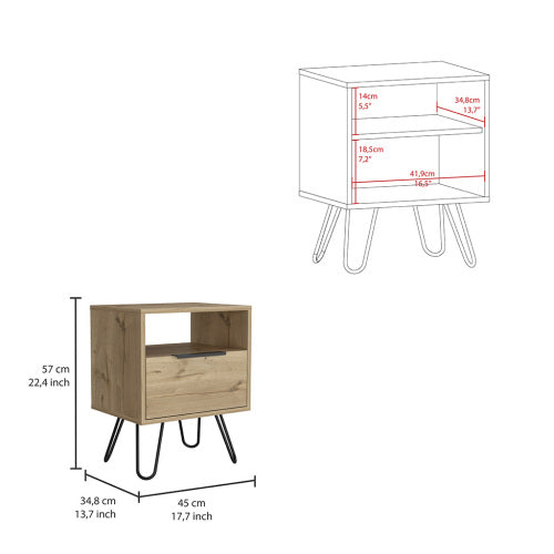 Nightstand, Single Drawer & Cabinet, Hairpin Legs, Light Oak Finish