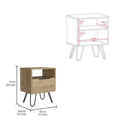 Nightstand, Single Drawer & Cabinet, Hairpin Legs, Light Oak Finish
