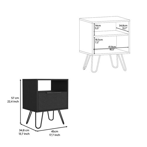Nightstand, Single Drawer & Cabinet, Hairpin Legs, Black Wengue Finish