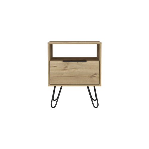 Nightstand, Single Drawer & Cabinet, Hairpin Legs, Light Oak Finish