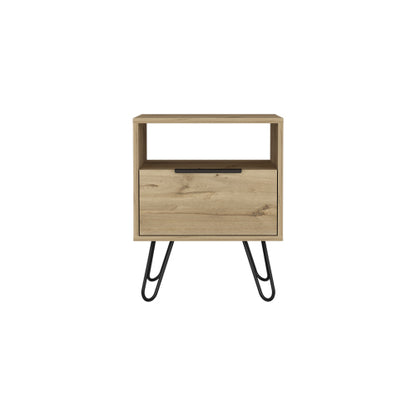 Nightstand, Single Drawer & Cabinet, Hairpin Legs, Light Oak Finish