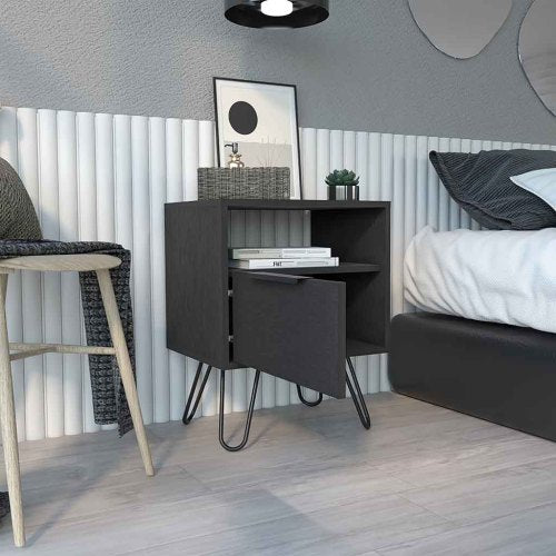 Nightstand, Single Drawer & Cabinet, Hairpin Legs, Black Wengue Finish