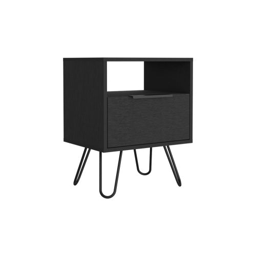 Nightstand, Single Drawer & Cabinet, Hairpin Legs, Black Wengue Finish