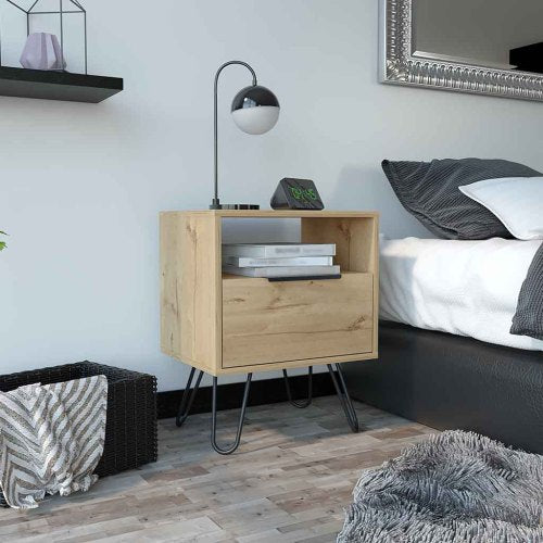 Nightstand, Single Drawer & Cabinet, Hairpin Legs, Light Oak Finish