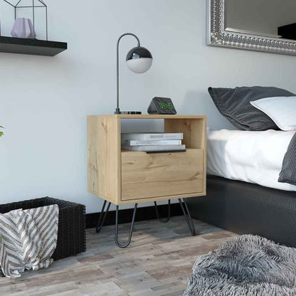 Nightstand, Single Drawer & Cabinet, Hairpin Legs, Light Oak Finish