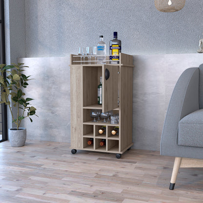 Bar Cart with Casters Reese, Six Wine Cubbies and Single Door, Light Gray Finish