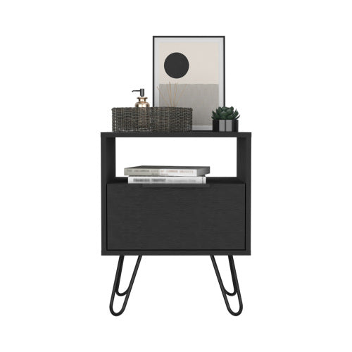 Nightstand, Single Drawer & Cabinet, Hairpin Legs, Black Wengue Finish
