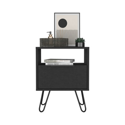 Nightstand, Single Drawer & Cabinet, Hairpin Legs, Black Wengue Finish