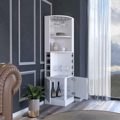 Bar Cabinet, 8 Wine Cubbies, Double Door, White Finish