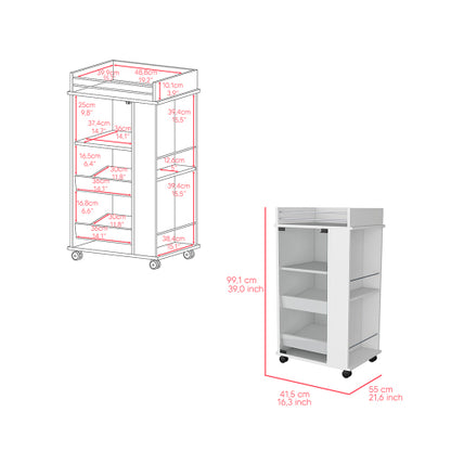 Bar Cart with Two-Side Shelves Beaver, Glass Door and Upper Surface, White Finish