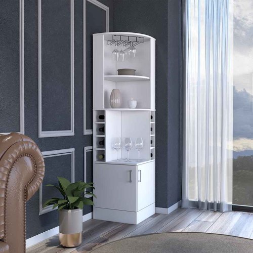 Bar Cabinet, 8 Wine Cubbies, Double Door, White Finish
