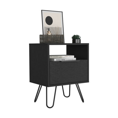 Nightstand, Single Drawer & Cabinet, Hairpin Legs, Black Wengue Finish