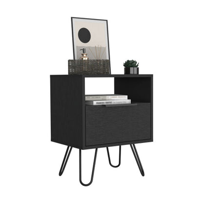 Nightstand, Single Drawer & Cabinet, Hairpin Legs, Black Wengue Finish