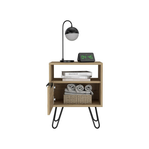 Nightstand, Single Drawer & Cabinet, Hairpin Legs, Light Oak Finish