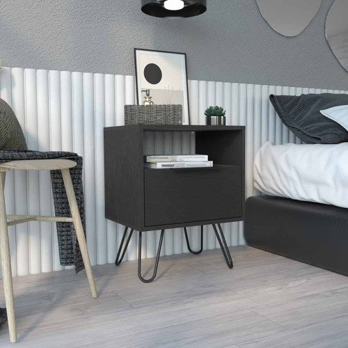 Nightstand, Single Drawer & Cabinet, Hairpin Legs, Black Wengue Finish
