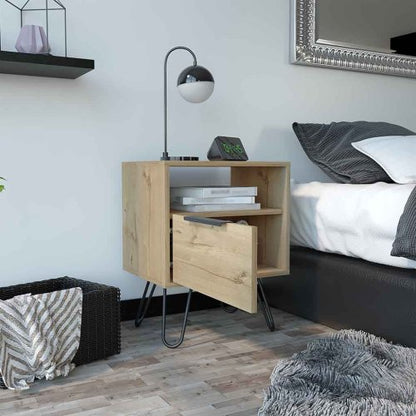 Nightstand, Single Drawer & Cabinet, Hairpin Legs, Light Oak Finish