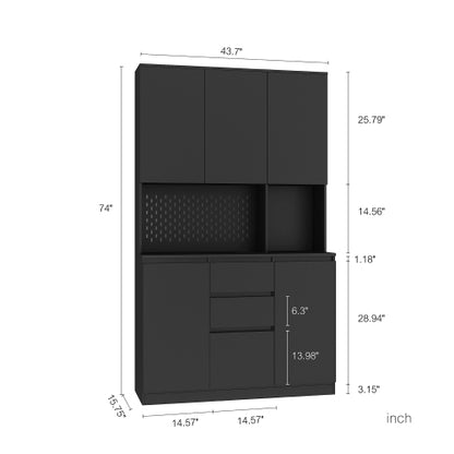74 Inch Kitchen Pantry Cabinet with Hutch Drawers and Charging Station Black