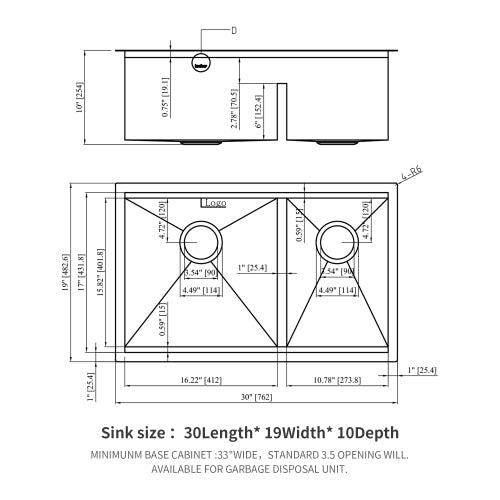 Double Bowl(60/40) Undermount Sink- 30"x19"x10" Double Bowl Kitchen Sink 16 Gauge with Two 10" Deep Basin