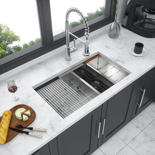 Double Bowl(60/40) Undermount Sink- 30"x19"x10" Double Bowl Kitchen Sink 16 Gauge with Two 10" Deep Basin