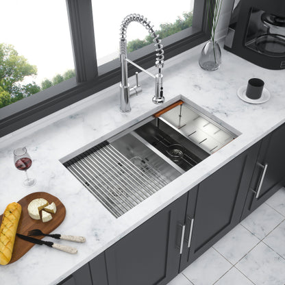 Double Bowl(60/40) Undermount Sink- 30"x19"x10" Double Bowl Kitchen Sink 16 Gauge with Two 10" Deep Basin