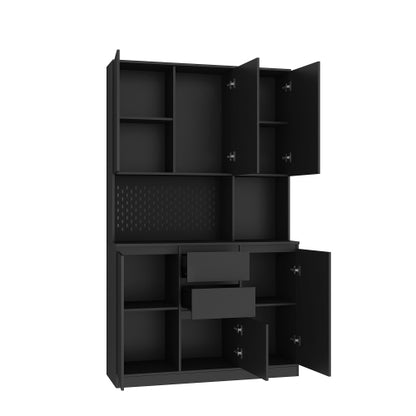74 Inch Kitchen Pantry Cabinet with Hutch Drawers and Charging Station Black