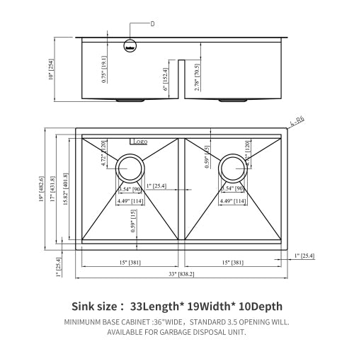Double Bowl (50/50) Undermount Kitchen Sink- 33"x19"x10" Stainless Steel 16 Gauge with Two 10" Deep Basin