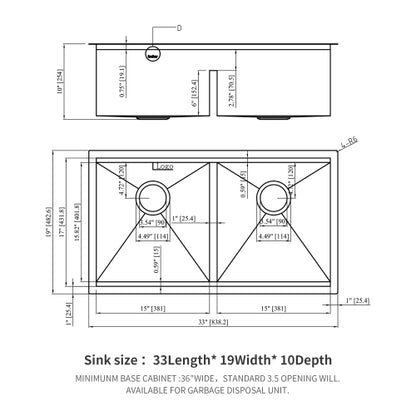 Double Bowl (50/50) Undermount Kitchen Sink- 33"x19"x10" Stainless Steel 16 Gauge with Two 10" Deep Basin