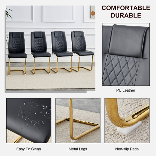 Dining Chairs Set of 6, Black PU Upholstered Chairs with Gold Metal Legs