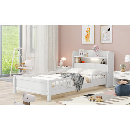 Wood Twin Size Platform Bed with Built-in LED Light, Storage Headboard and Guardrail, White