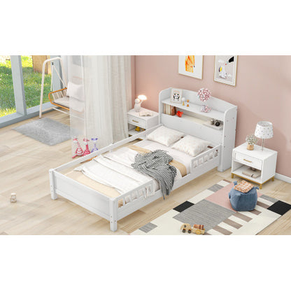 Wood Twin Size Platform Bed with Built-in LED Light, Storage Headboard and Guardrail, White
