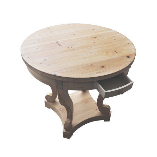 Farmhouse Round End Table 2 Drawer MDF Veneer Accent Side Table Natural Wood