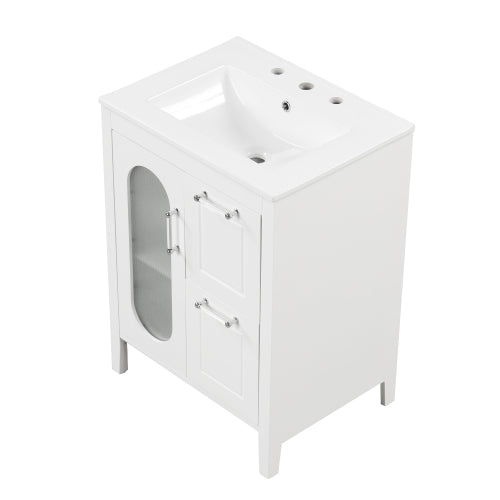 24" Bathroom Vanity with Sink, Bathroom Vanity Cabinet with Two Drawers and Door, Adjustable Shelf, Solid Wood and MDF, White (Old Sku:WF309411AAK)