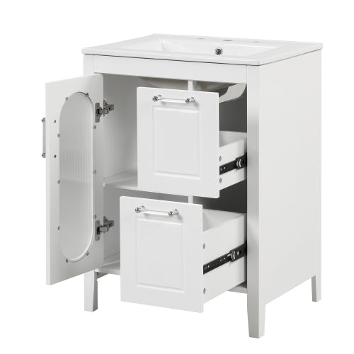 24" Bathroom Vanity with Sink, Bathroom Vanity Cabinet with Two Drawers and Door, Adjustable Shelf, Solid Wood and MDF, White (Old Sku:WF309411AAK)