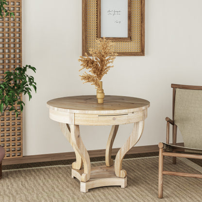 Farmhouse Round End Table 2 Drawer MDF Veneer Accent Side Table Natural Wood