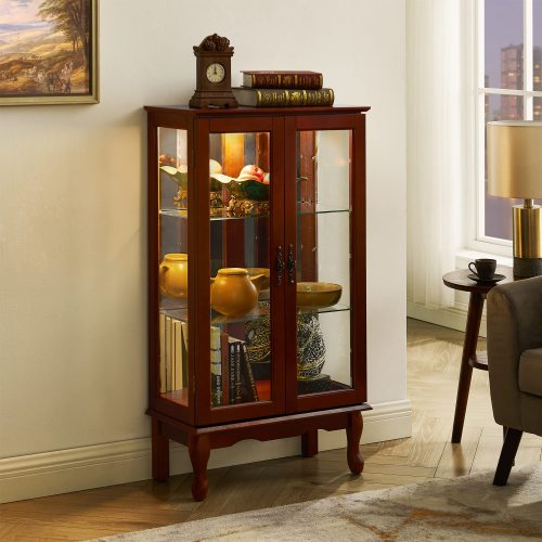 Cherry 3-Tier Lighted Glass Curio Cabinet Acrylic Mirror Back Adjustable Tempered Glass Shelf Home Collection Display Cabinet