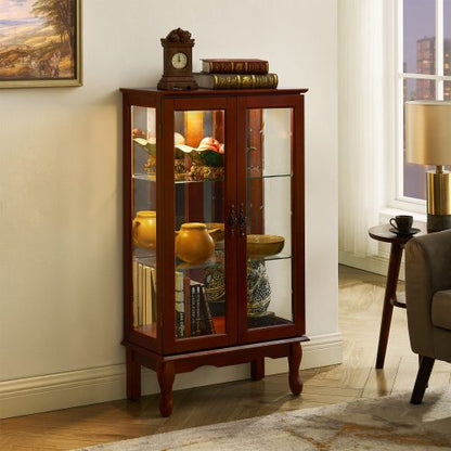 Cherry 3-Tier Lighted Glass Curio Cabinet Acrylic Mirror Back Adjustable Tempered Glass Shelf Home Collection Display Cabinet